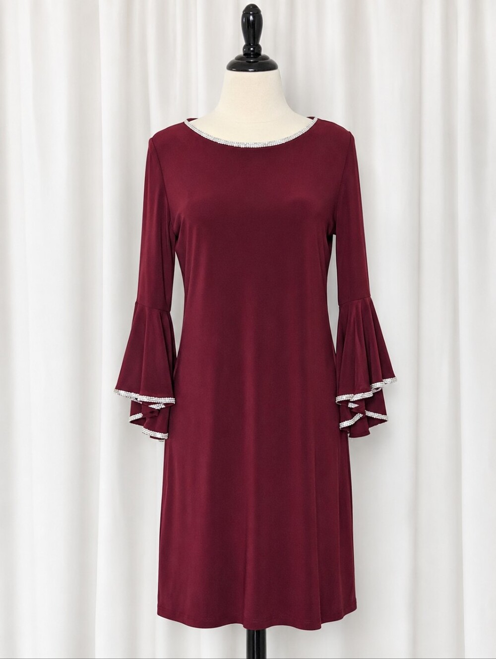 Studio Badgley Mischka Burgundy Bell Sleeve Rhinestone Trim Cocktail Swing Dress